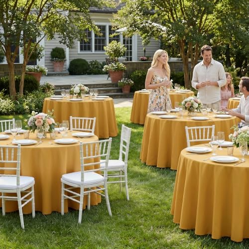 Fitable 6 Pack Gold Round Tablecloths - 108 Inches in Diameter - Image 2