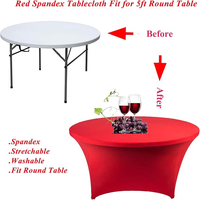 SSYAQRA 4 Pack 60 Red Spandex Tablecloth - 5FT 60 in Red Round Stretch Tablecloth Elastic Table Cloths Washable and Wrinkle Resistant Stretch Table Cover for Wedding Event & Parties - Image 4