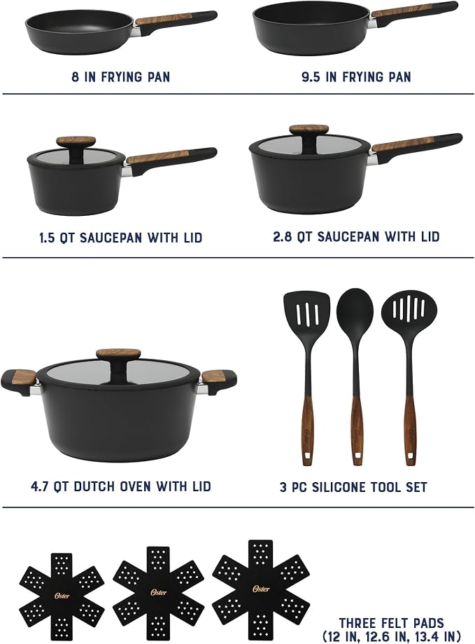 Oster Platinum Oxburg 14 Piece Forged Aluminum PFA Free Non-toxic Premium Ceramic Non Stick Interior Cookware & Kitchen Tools Set - Black w/Wood Handles - Image 3