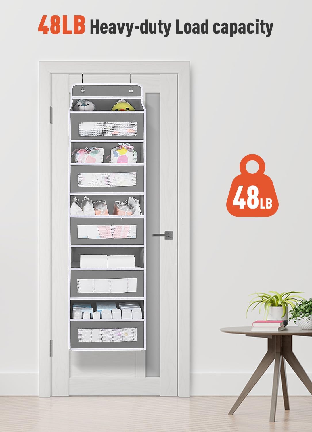 Over The Door Organizer Storage, 5 Shelf Hanging Door Organizer with 10 Large Capacity Pockets, Anti Tilt 44 lb Load Behind Door Storage for Bedroom, Bathroom, Pantry, Nursery, (Grey)