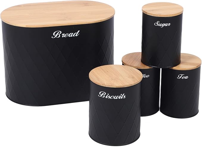 Set of 5 Bread Box and Canister Set for Kitchen Countertop, Metal Bread Bin Biscuit Sugar Tea Coffee Storage Canister with Lid, Black - Image 5