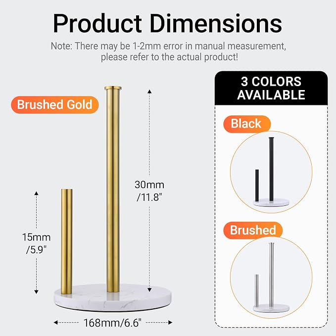 Hoooh Countertop Paper Towel Stand – Brushed Gold, Weighted Marble Base - Image 2