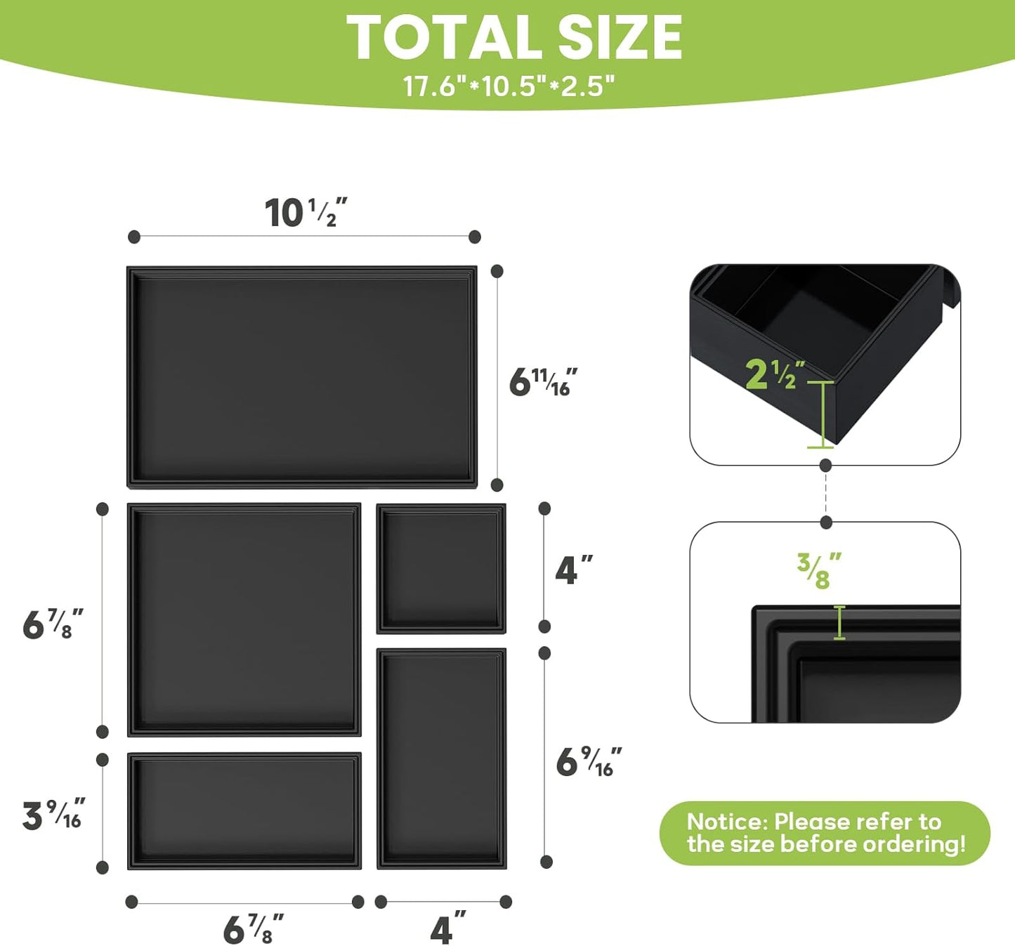 Bamboo Drawer Organizer Set, 5 PCS Multi-use Varied Sizes Junk Drawer Organizer Kitchen Storage Box for Office, Home, Bedroom, Bathroom, Black