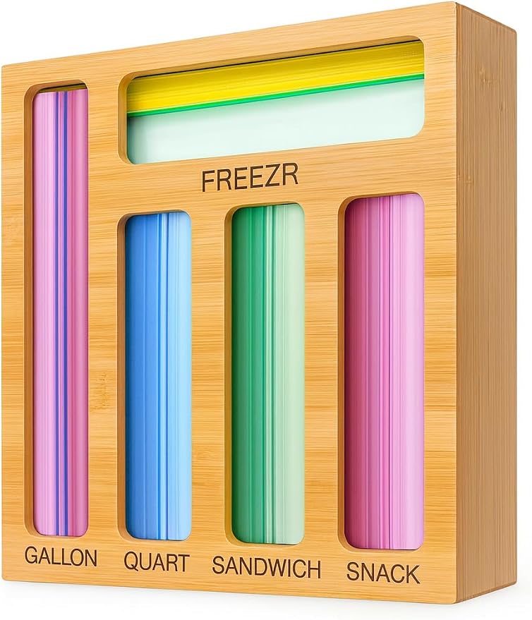 Food Storage Bag Organizer for Kitchen Drawer — Bamboo Plastic Bag Holder with 5 Slots for Gallon, Freezer, Quart, Sandwich and Snack Zip Top Bags, Drawer Organization (13.9 x 11.9 x 3.5 in) by maxpray