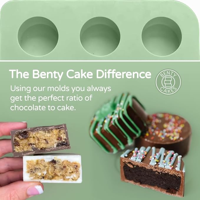 Benty Cakes – The Original Cake Puck Mold Set – Better than a Cake Pop! Make Chocolate Covered Desserts – BPA Free Silicone – Includes 1 Mold Set, 1 Plastic Tray and 1 Scraper – Green - Image 3
