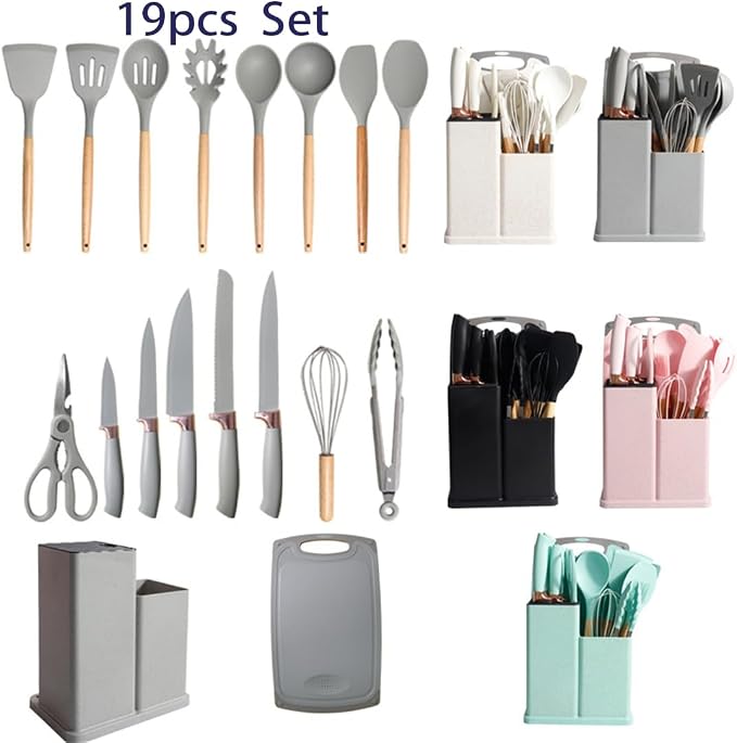 19 Pieces Kitchen Utensil and Knife Set with Block, with 11 Piece Silicone Cooking Utensils, 5 Pcs Sharp Stainless Steel Chef Knives Scissors Whisk Tongs and Cutting Board Beige - Image 8