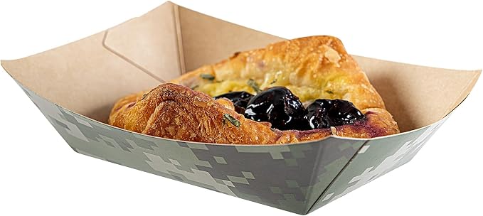 Restaurantware-Bio Tek 4 Ounce Paper Boats, 400 Disposable #25 Food Trays - PE Lining, Durable, Camouflage Print Paper Food Baskets, For Concession Stands, Picnics, or Fairs, Stackable - Image 6