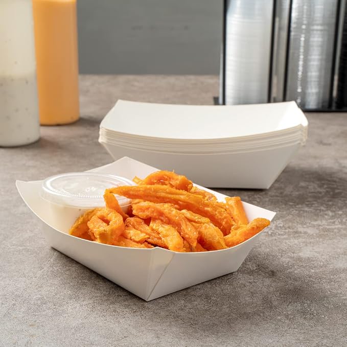 Restaurantware-Bio Tek 1/2 Pound Food Trays, 400 Disposable Paper Food Trays - Heavy-Duty, Greaseproof, White Paper Food Boats, For Snacks, Appetizers, Or Treats, Use At Parties Or Carnivals - Image 7
