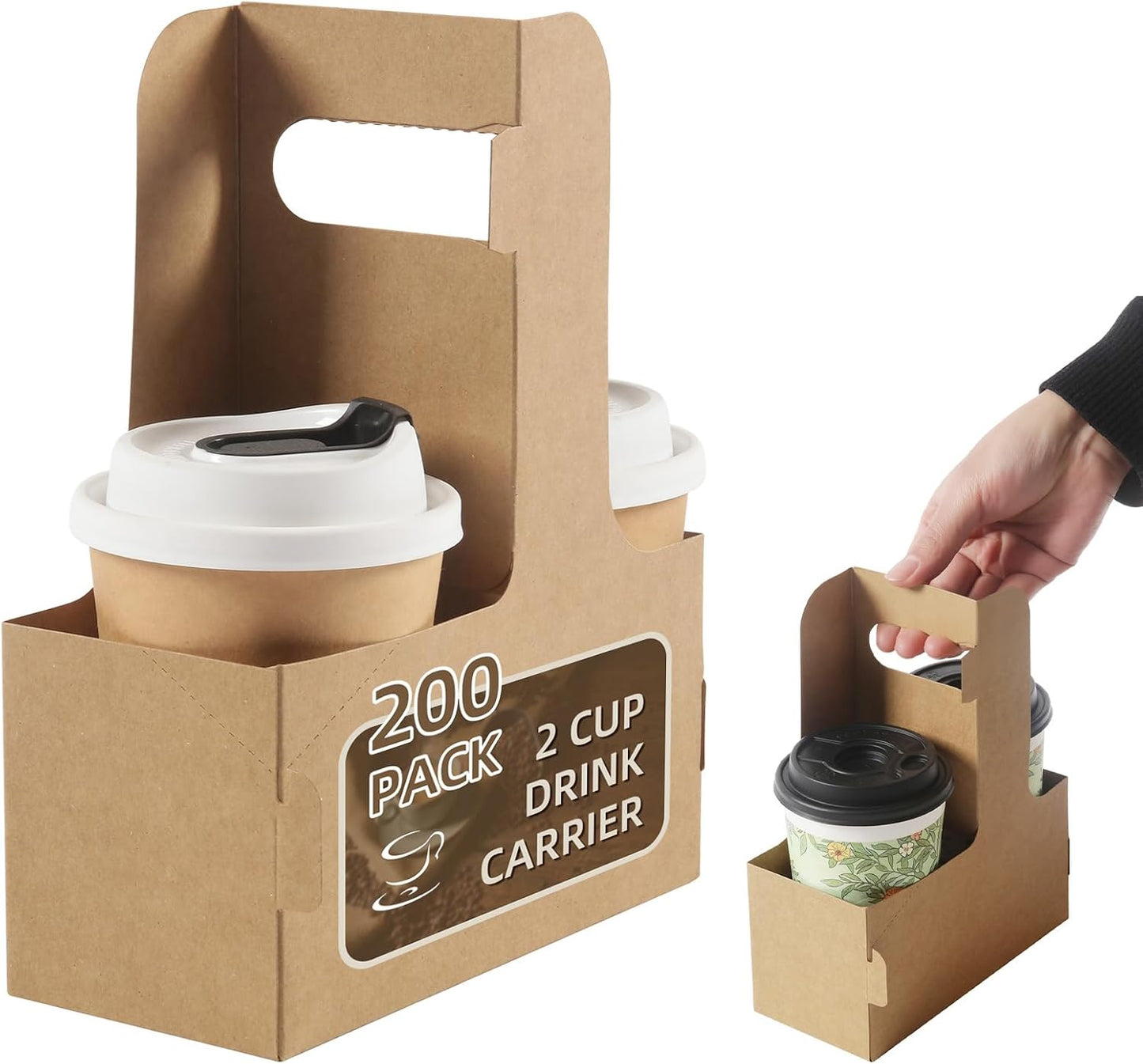 LITLANDSTAR Disposable Coffee Cup Carrier for Delivery, 2 Cup Paperboard Cup Holder Portable Drink Holder Take Out Drink Carrier with Handle for Hot & Cold Drinks, 100 Pack
