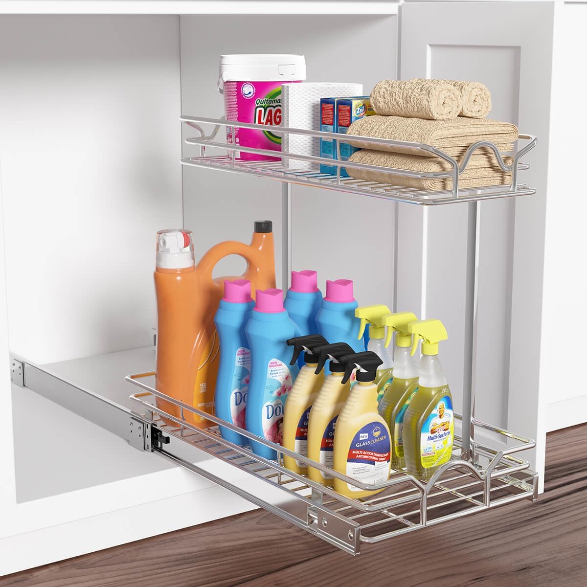OCG Under Sink Cabinet Organizer Two Tier Pull Out Shelf (14.75W x 17D), Under Sink Sliding Shelf for Kitchen Bathroom Cabinet 2 Tier Chrome