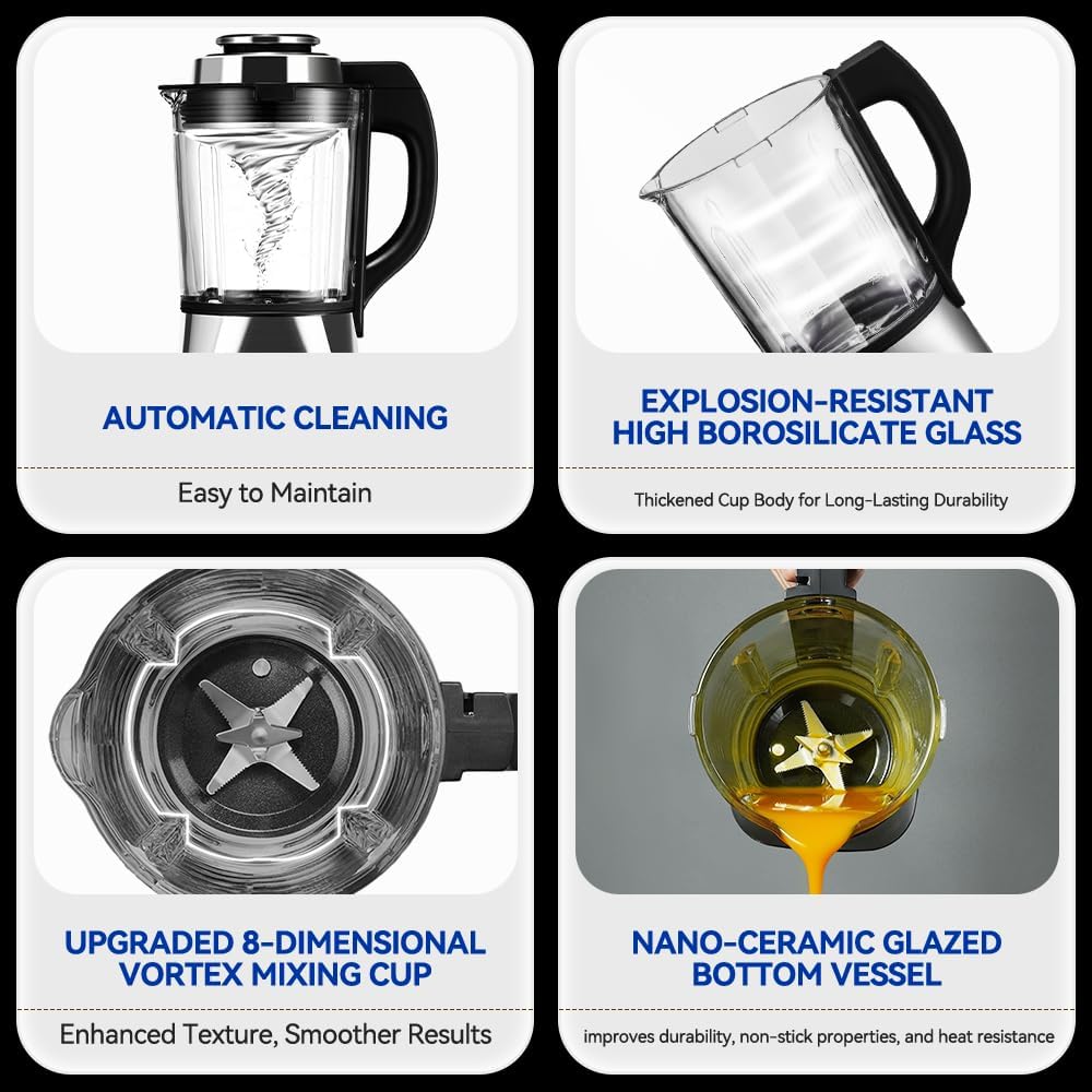 Glass Blenders for Kitchen 59oz, Stainless Steels Professional Blenders 1200W adjustable P1-P9 High Speed, 14 Functions Countertop Blender Smoothie & Food Processor Combo with Heating, Auto Clean