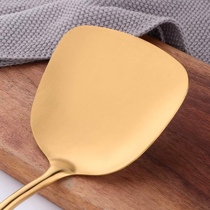 Kitchen Utensil Set -7PCS Gold 18/8(304) Stainless Steel -Wide Spatula,Soup Ladle,Strainer Ladle,Slotted Spatula,Spaghetti Server,Rice Scoop Spoon and Whisk - Image 5
