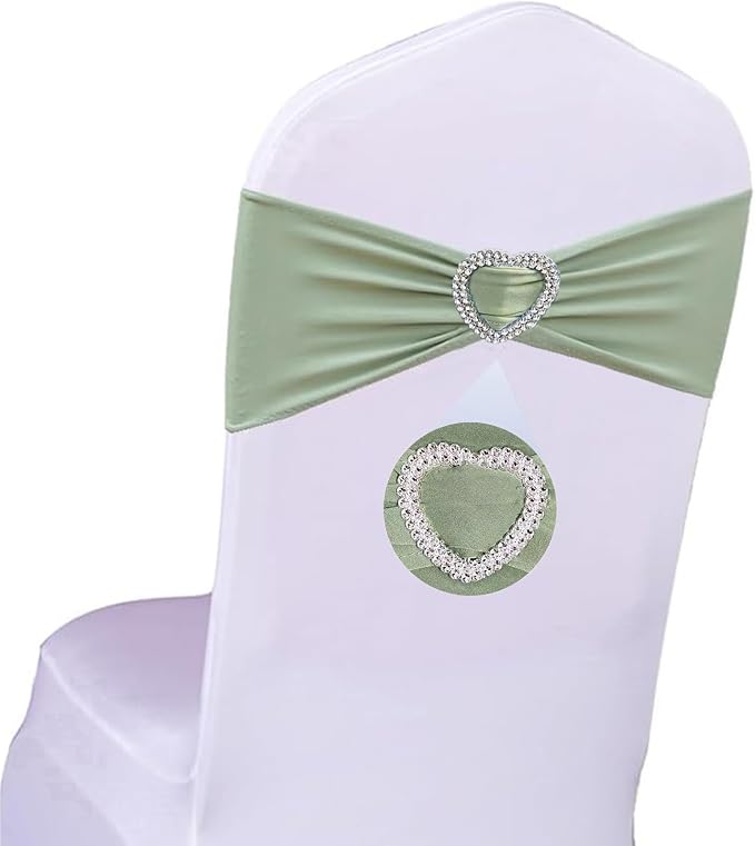 Sage Green Chair Sashes 100 Pack Spandex Sage Sashes for Chairs Covers Stretch Chair Sashes Band with Heart Buckle Slider for Wedding Banquet Party Decorations by Unknown