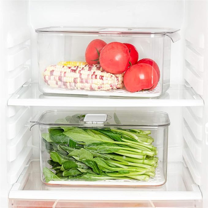 SANNO Produce Saver Refrigerator Organizer Bins with Lids And Removable Drain Tray Food Storage Container Fridge Stackable Freezer Bins For Kitchen Produce Fruit Vegetable (Set of 2) - Image 3