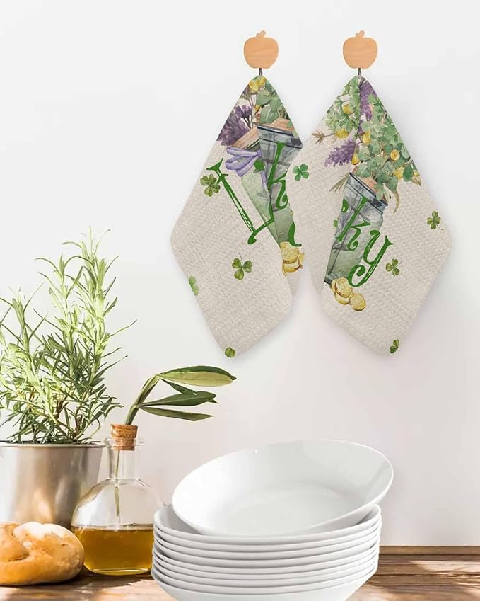 Lucky Clover Floral Dish Towels Set, Waffle Weave Kitchen Towels Microfiber Towels Cleaning Rustic St. Patricks Day Lavender Flower Soft Absorbent Dish Drying Towels Hand Towels 4 Pack 12x12 In - Image 2