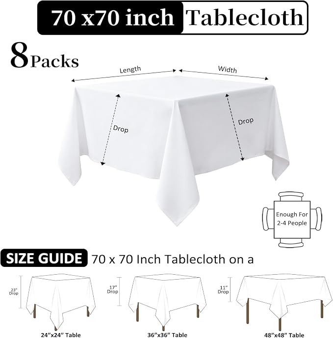 8 Pack White Tablecloth 70 x 70 Inch Square - Image 2