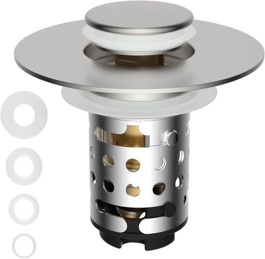 Universal Bathroom Sink Stopper Hair Catcher Upgraded with 2-Layer Detachable Filter Basket, 4 in 1 Pop Up Drain Strainer, Anti-Clog, Odor-Block, Fit for 1.1''~2.36'' Sinks, Brushed Nickel