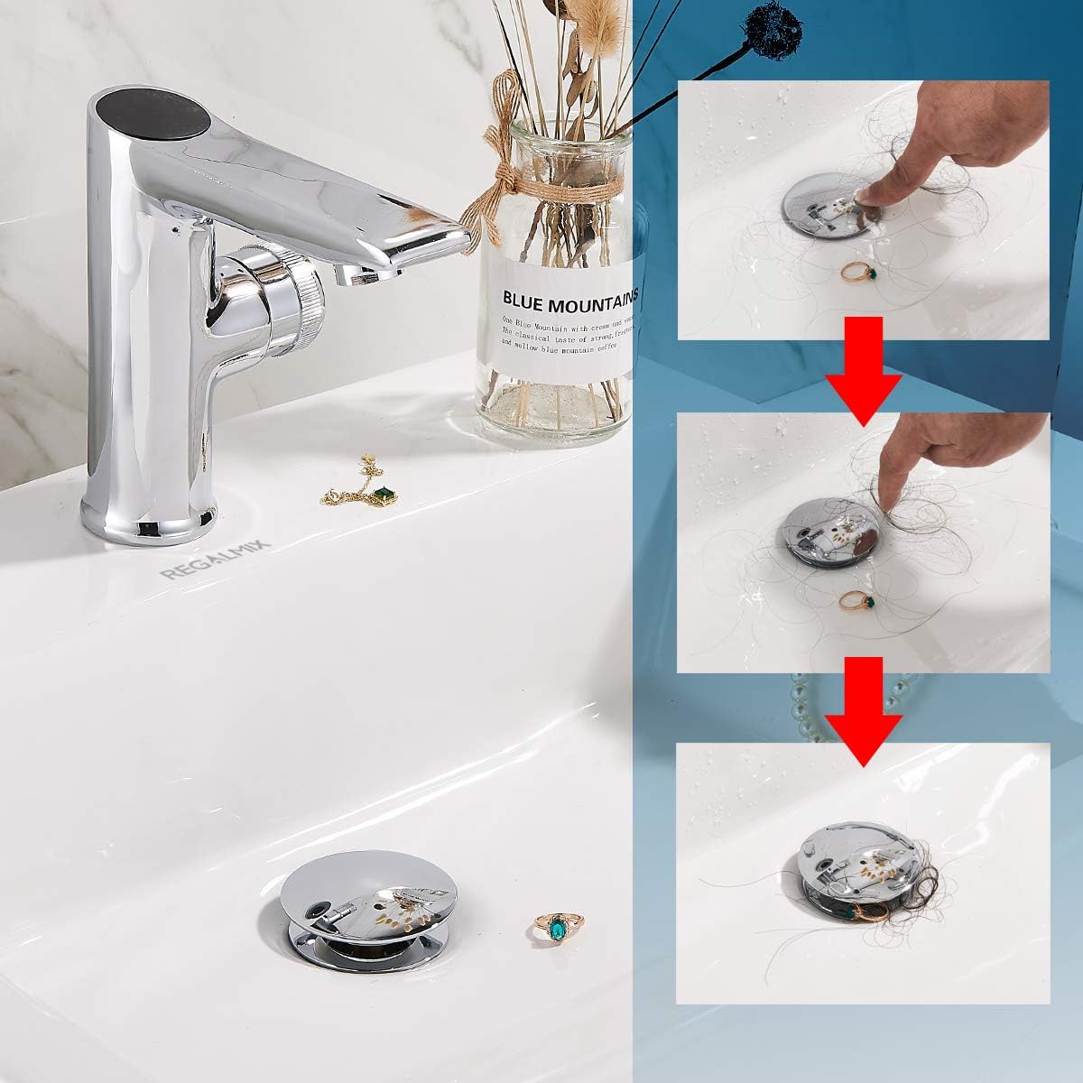 Bathroom Sink Drain, Vessel Sink Pop Up Drain with Detachable Basket Stopper,Anti-Explosion and Anti-Clogging Drain Strainer, Sink Drain Assembly Without Overflow Polished Chrome, REGALMIX RWF082A
