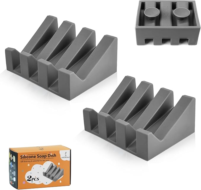 2 Pack Self Draining Silicone Soap Dish for Shower & Kitchen - Waterfall Bar Soap Holder Tray, Non-Slip Soap Saver Keeps Soap Dry, Easy to Clean, Extends Soap Life (Grey) by AIXIAOYA