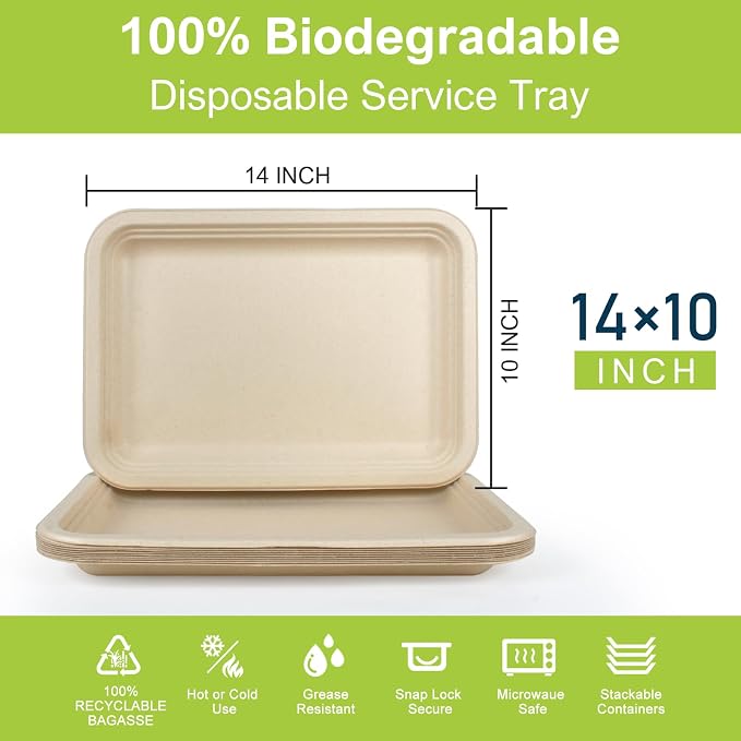 10 Pack Compostable Paper Plates, 14 Inch Heavy-Duty Bagasse Trays | Microwave & Freezer Safe, Biodegradable, Water & Oil-Resistant, Disposable Paper Plates for Birthday Weddings Parties BBQ - Image 2