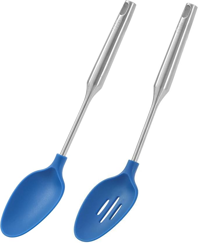 YBM Home Silicone Non-Stick Slotted and Solid Cooking Serving Spoons, Heat-Resistant Plastic Kitchen Tools for Mixing, Frying, Serving, Draining, Turning, with Stainless Steel Handle, Set of 2 Blue by YBMHome