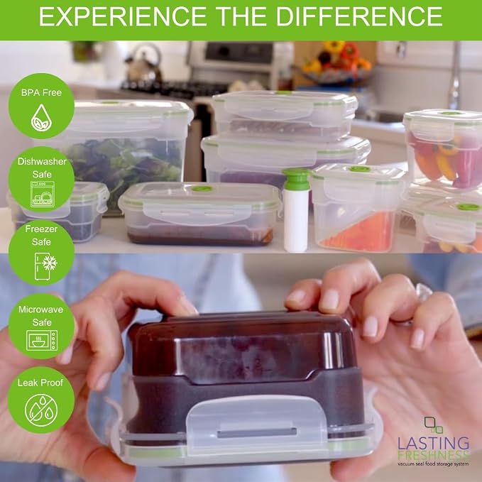 Lasting Freshness BPA-Free Plastic Vacuum Seal Containers with Hand Pump – Airtight Food Storage, Meal Prep & Pantry Organization, Preserves Freshness 5X Longer, 11-Piece Set - Image 4