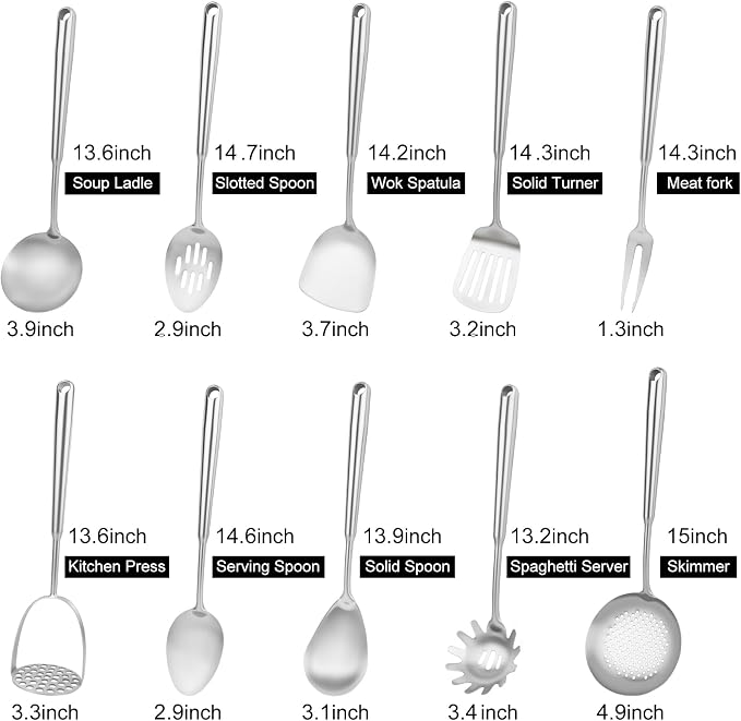 304 Stainless Steel Cooking Utensils Set, 10pcs Long Metal Kitchen Utensils Set Come with Spoon, Potato Press, Spatula, Ladle, Skimmer, Turner, Pasta Server - Image 2