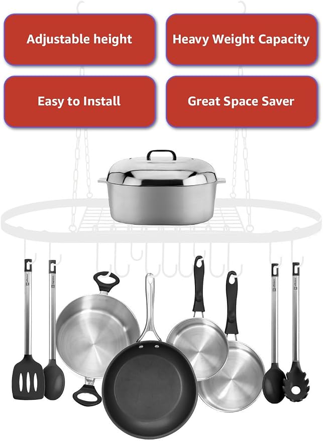 Sorbus Hanging Pot Rack, Ceiling-Mount Kitchen Organizer (Rustic) | Decorative oval fixture with hooks arranges cookware, utensils and books for practical overhead use in homes or restaurants. - Image 3