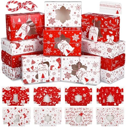 Zhanmai 64 Pcs Christmas Treat Boxes with Window Holiday Kraft Bakery Christmas Cookie Gift Boxes Xmas Pastry Food Containers with Ribbons DIY Tags for Party Favor Gift Giving(Cute) by Zhanmai