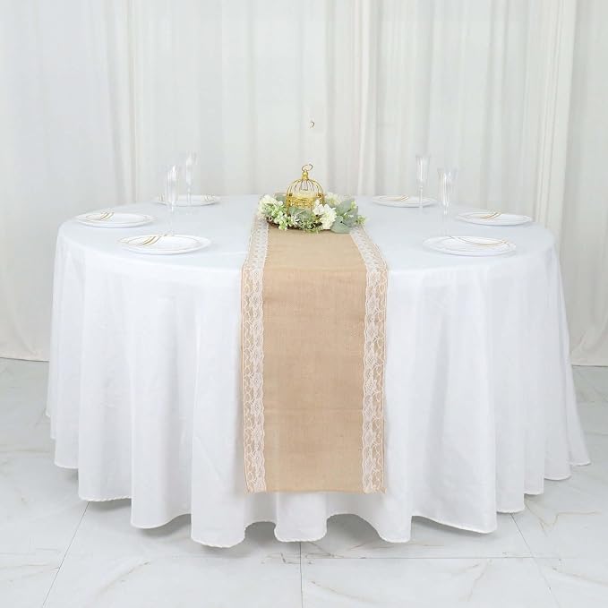 Efavormart 14"X104" Natural Jute Burlap Table Runner with White Lace Trim Edges, Boho Chic Rustic Decor - Image 2