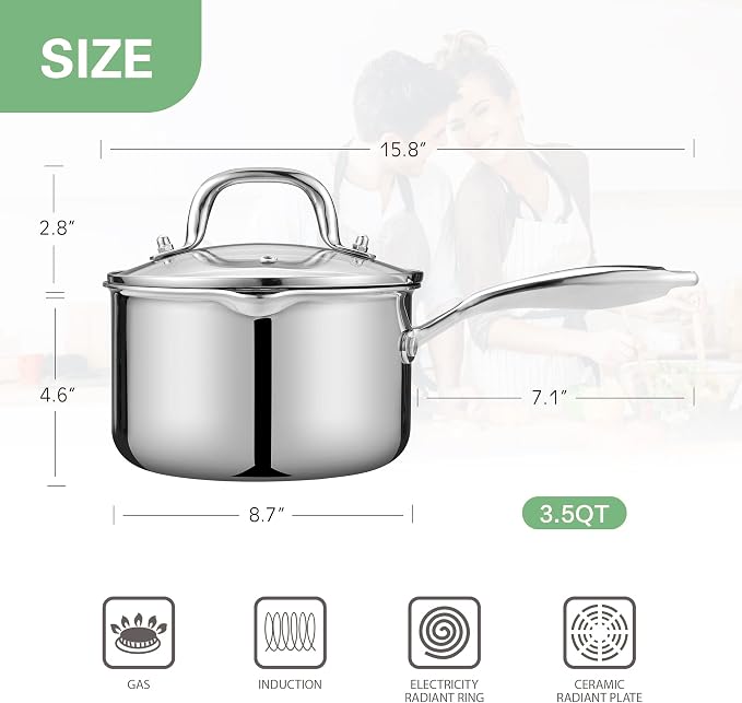 3.5 Quart Stainless Steel Pot Saucepan with Glass Strainer Lid, Sauce Pot with Two Side Spouts, Induction Cooking Pot, Multipurpose Sauce Pan with Lid for Cooking(Tri-Ply Full Body) - Image 6
