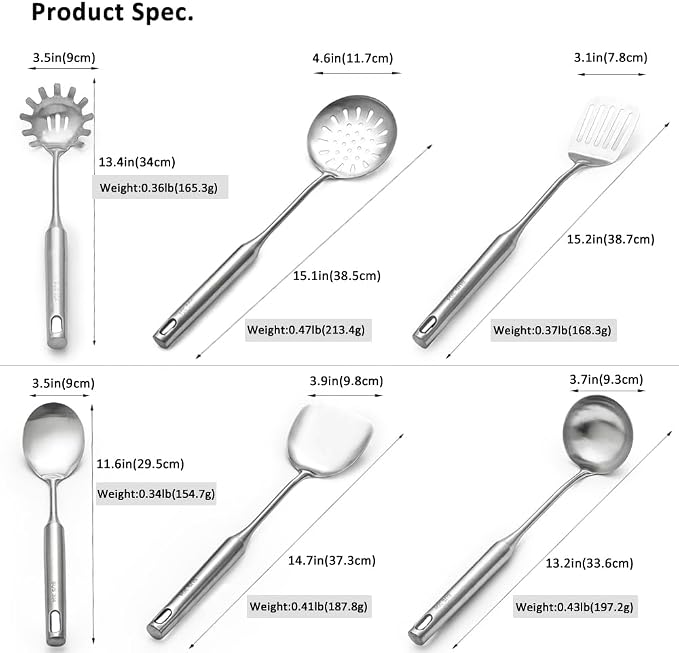 18/10 Stainless Steel Cooking Utensils Set 6 Pcs Metal Long Handle Kitchen Utensil, Spatula, Serving Soup spoon, Leaking shovel, Pasta Spoon Kitchen Tools Set (6 Pieces Set) - Image 2