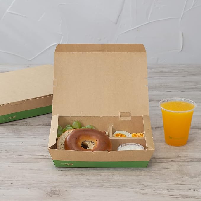 Restaurantware-Eco Tek 50.7 Ounce To Go Boxes, 100 Bento Boxes - 3 Compartments, Tab Lock Closure, Kraft and Green Paper Take Out Box, PLA Lining, For Restaurants or Parties - Image 4