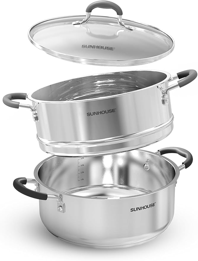 SUNHOUSE 4.6 QT Stainless Steel Steamer Pot for Cooking with Glass Lid by SUNHOUSE