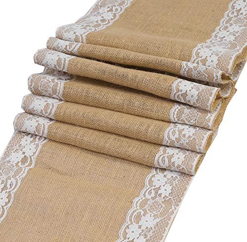 MDS 5 PCS 100% Natural Burlap Table Runners 12" x 108" with Lace, Rustic Farmhouse Country Vintage Boho Jute Runner for Wedding Reception Birthday Party Home Kitchen Dining Coffee Table Decoration by MDS