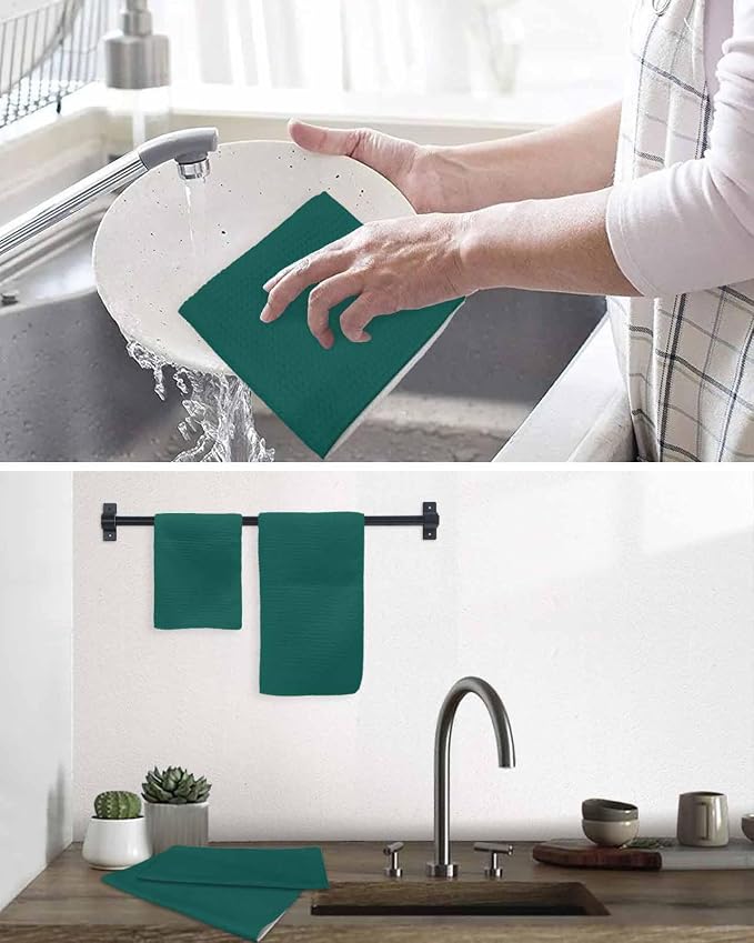 Green Dish Towels Set, Waffle Weave Kitchen Towels Microfiber Towels Cleaning, Luxurious Solid Pure Modern Minimalist Abstract Art Soft Absorbent Dish Drying Towels Hand Towels 2 Pack 12x12 Inch - Image 6