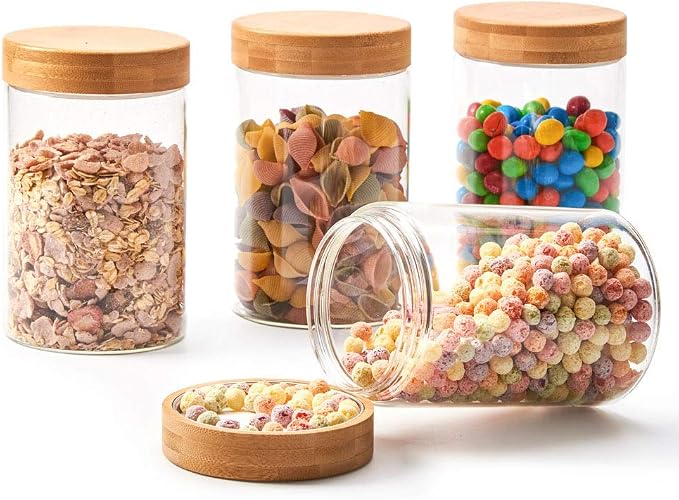 EZOWare Set of 4 Airtight Glass Jars, 46 Fl oz Large Storage Clear Canister Container Set with Bamboo Lid for for Storing Candy, Cookie, Rice, Sugar, Flour, Spices, Nuts, Coffee, Pasta - Image 6