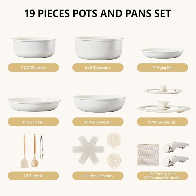 Bonnlo 19 Pcs Nonstick Pots and Pans Set with Lids, Kitchen Cookware Set with Detachable Handle Include Saucepan, Frying and Saute Pan, PFAS PFOA & PFOS Free, RV Induction, Aluminum, Cream White - Image 2