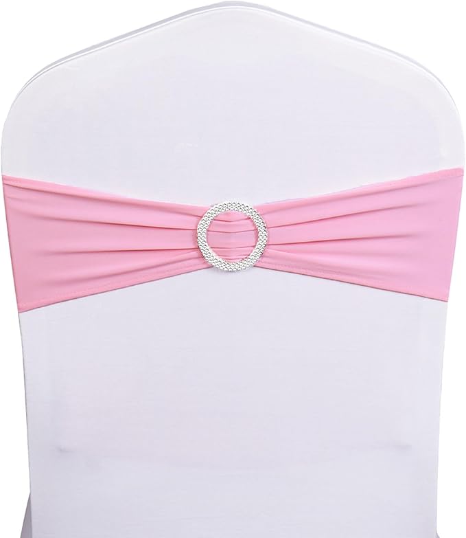 Wedding Pink Chair Sashes 100 Pack Spandex Chair Bows Bands with Buckles - Image 2