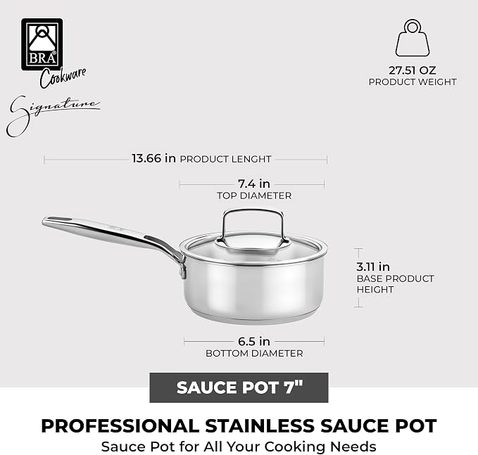 BRA COOKWARE Signature Stainless Steel Saucepan w/Lid | 7 Inches 1.4 Qt - Image 2