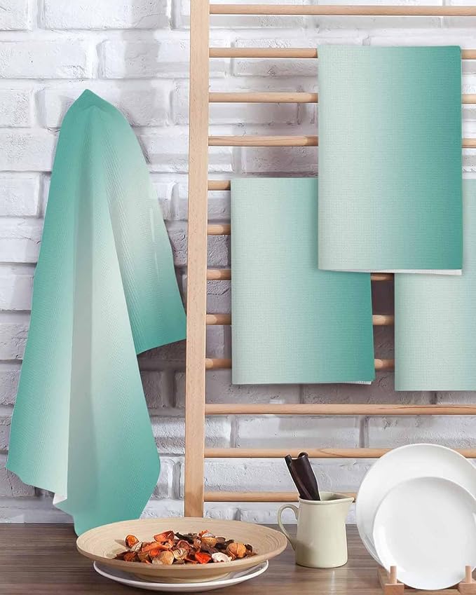 Ombre Turquoise Dish Towels Set, Waffle Weave Kitchen Towels Microfiber Towels Cleaning, Gradual Solid Contemporary Minimalist Color Soft Absorbent Dish Drying Towels Hand Towels 4 Pack 15.7x23.6 Inch - Image 2