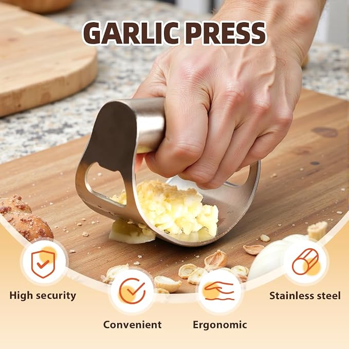 Stainless Steel Garlic Presser, Upgrade Rocker Crusher Masher with Garlic Peeling, 2026 New Portable Manual Stainless Steel Garlic Press for Home Kitchen Utensils (1) - Image 2