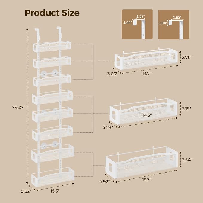 Delamu 8 Tier Over the Door Pantry Organizer, 2in1 Hanging or Wall Mount Spice Rack Seasoning, Adjustable Heavy-Duty Pantry Door Organizer and Storage for Kitchen Cabinet and Bathroom, 15.3" White - Image 7