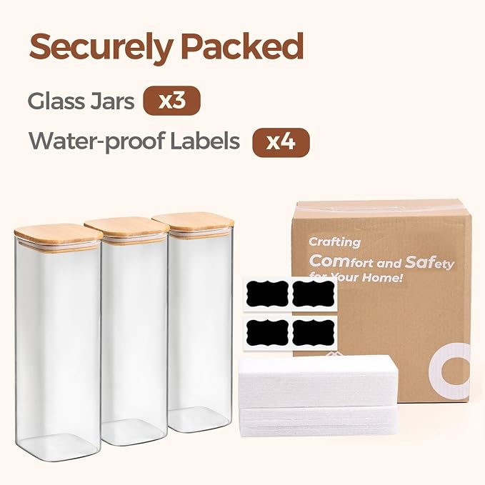 ComSaf Pasta Containers Storage 2.2 Qt, Spaghetti Jar, Set of 3 Tall Jars | Glass Storage Containers with Lids, 11.3-inch High Glass Kitchen Canisters Square, Cereal, Noodles, Oats, Dry Food, BPA Free - Image 8