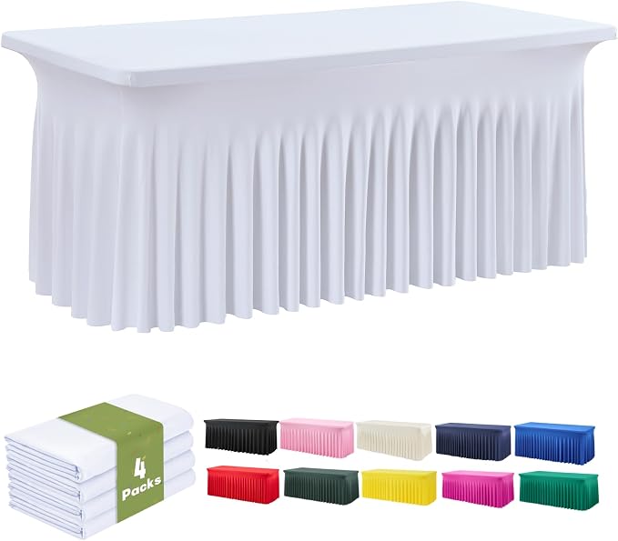 leegleri 4 Pack White Spandex 8ft Table Cloths for Rectangle Tables, Wrinkle Free Fitted Table Covers 8 Foot Stretch Tablecloths Desk Skirt for Banquet Weddings Parties Baby Shower by LeegleriTableSkirt