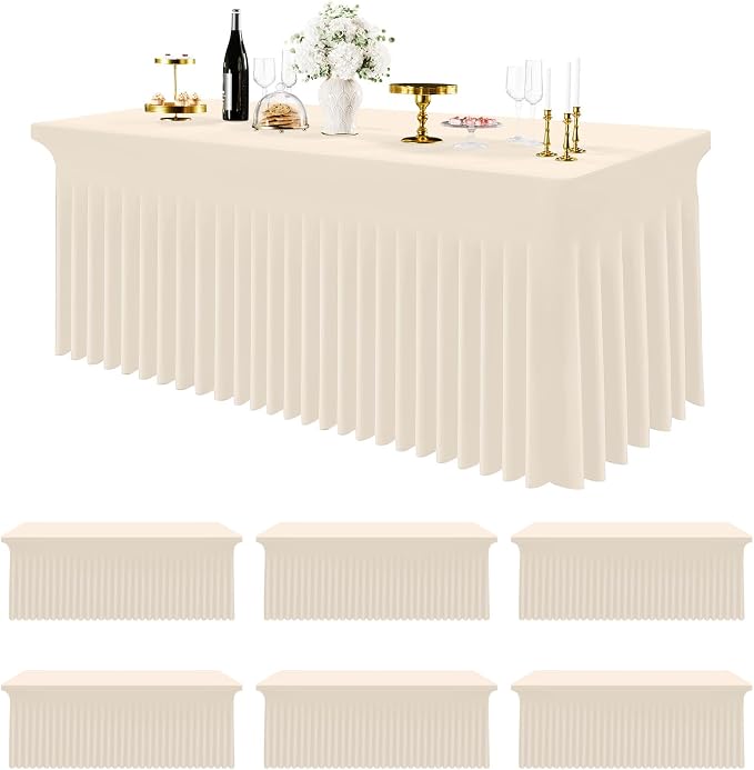 Smiry Spandex Tablecloth 6 Pack, Elastic Fitted Stretch Tablecloth for 8FT Rectangle Tables, Waterproof Washable Table Cover Skirt for Wedding, Banquet & Parties (Beige, 96Lx30Wx30H Inch) by Smiry