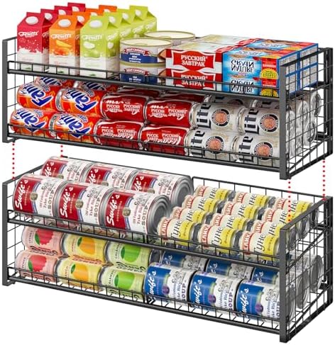 2-Pack Stackable Can Organizer for Pantry Shelf, Adjustable Extra-Long Rolling Can Rack for Kitchen Cupboard Storage, Sturdy Standing Can Holder for Canned Food Goods Soda up to 100, 2 Tier, Black by JKsmart
