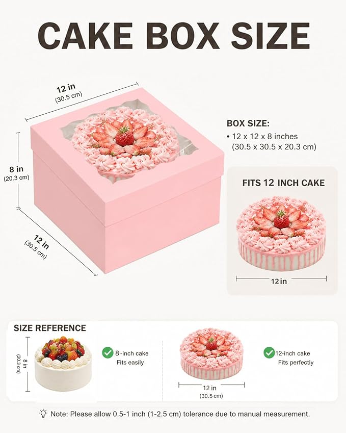 qiqee Pink 12"x12"x8" Cake Box 36Pcs, 12" Pink Cake Round Boards 36Pcs, for Cake, Treat Cookie Dessert, Pastry, Birthday Party - Image 3