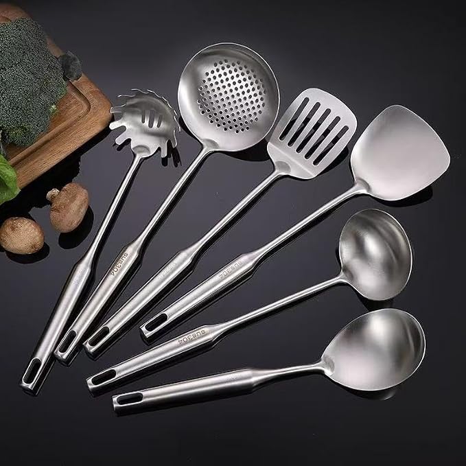 Premium 7-Piece Gold Kitchen Utensil Set with Stand, Stainless Steel Cooking Tools- Dishwasher Safe Ladle, Spoon, Spatula, Pasta Fork, Luxury Brass Kitchen Accessories for Home Chefs (silvery) - Image 4