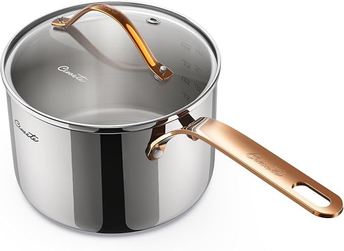 Ciwete 3 Quart Sauce Pan with Lid, Upgraded Tri-Ply Stainless Steel Saucepan with Mirror Polishing and 2 Scales, Induction Ready Cooking Pot with Stay-Cool Brass Handle, Dishwasher & Oven Safe by Ciwete
